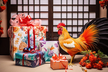 一套色彩缤纷的礼物，里面有一只公鸡和一些盒子