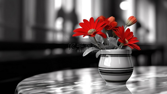 咖啡桌上花瓶里一朵红花的复古黑白背景 3D 插图
