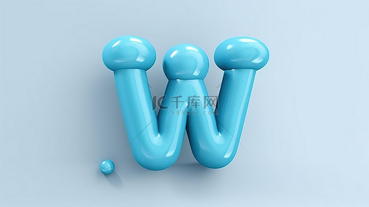 卡通蓝色气球 w 的高级 3D 插图，采用有趣的字体