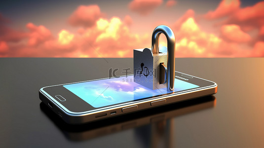 手机屏幕背景图片_确保个人数据安全 3D 渲染挂锁密码字段密钥和手机屏幕上显示的云