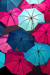 明亮的颜色雨伞映衬着天空