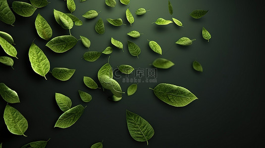 大绿树叶子背景图片_深色背景下层叠的各种绿叶的 3D 渲染