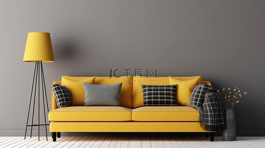 客厅墙壁模型的 3D 渲染，配有灰色沙发黄色枕头和米色背景上的格子