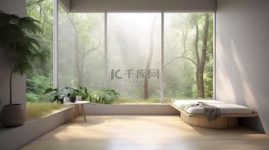 家背景图片_在 3D 渲染的角落室内放松，欣赏自然风光