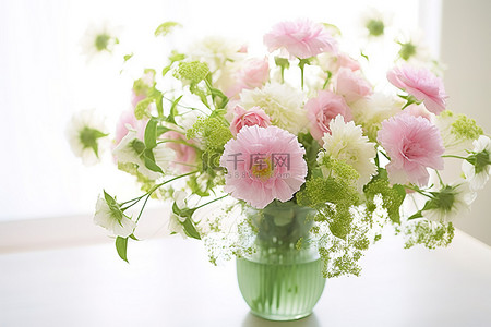 花店鲜花背景图片_绿色和粉色花瓶花店里的鲜花