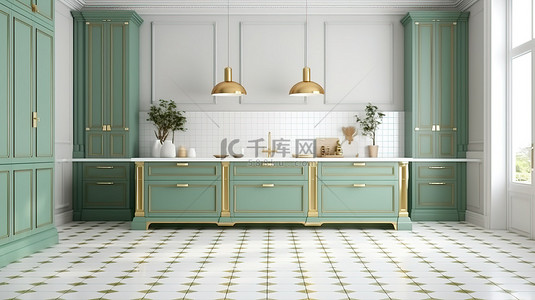 经典厨房设计，现代风格 优雅的绿色和褪色的珊瑚调色板 白色地砖，带有金色 3D 渲染效果