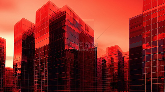技术创新企业背景图片_红色天际线照亮的创新摩天大楼 3D 商业和技术插图