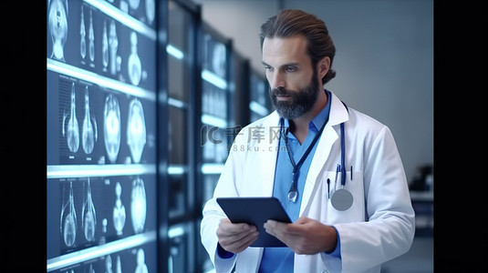 慵懒外套背景图片_大胡子医生在后台审查患者时间表 3D 脑监视器