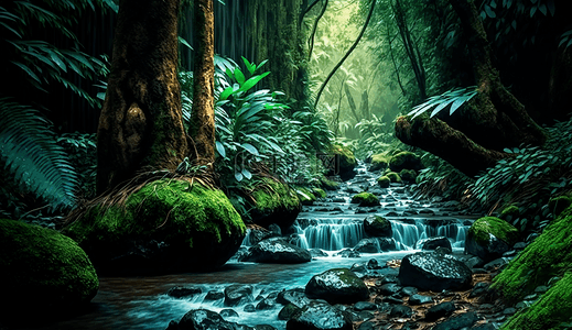 森林中的河流背景图片_雨中的森林小溪流水树叶风景绿色自然背景