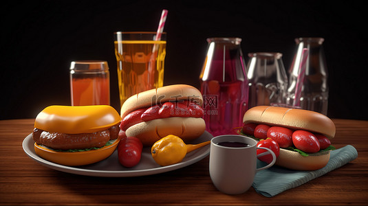 美式汉堡背景图片_背景为汉堡热狗和苏打杯的 3d 渲染美式小吃