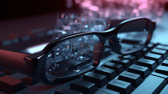 键盘上 3D 眼镜的特写镜头，可视化令人兴奋的视频概念