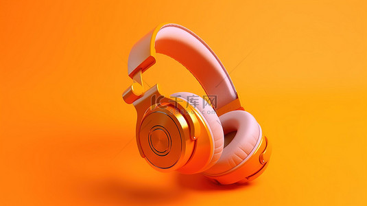 橙色背景下橙色耳机的简约派对氛围 3D 渲染