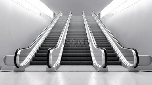 使用 3D 技术创建的空白画布上的现代自动扶梯或电动楼梯