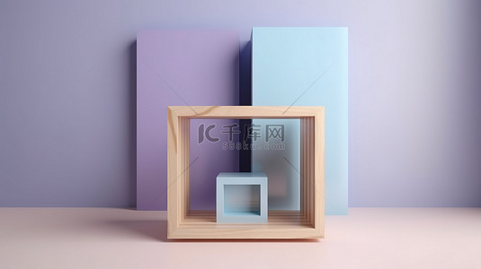 浅色墙背景上蓝色和紫色 3d 渲染的极简主义木箱
