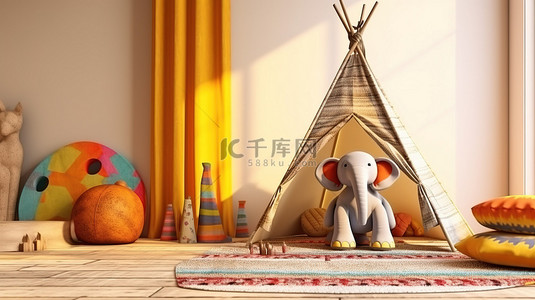 用充满活力的印度风格帐篷俏皮的抽屉柜和色彩缤纷的玩具令人惊叹的 3D 渲染改造您孩子的房间