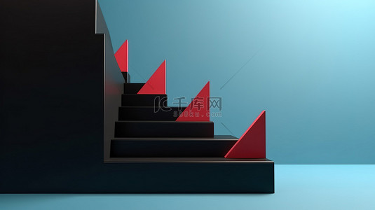 3d 黑色楼梯靠在蓝色墙壁上，带有红色箭头，指示进展到下一个级别