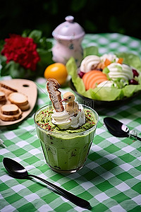 水果沙拉背景图片_绿色餐巾上的沙拉和冰淇淋