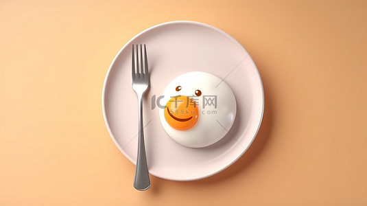 3D 渲染板，上面有卡通鸡脸，上面有鸡蛋，并配有叉子和刀子