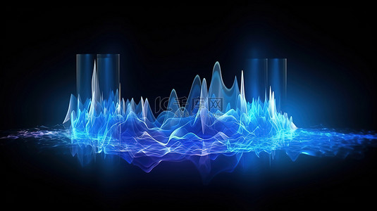 蓝色能量流的 3D 渲染与白色背景上隔离的音乐粒子脉冲
