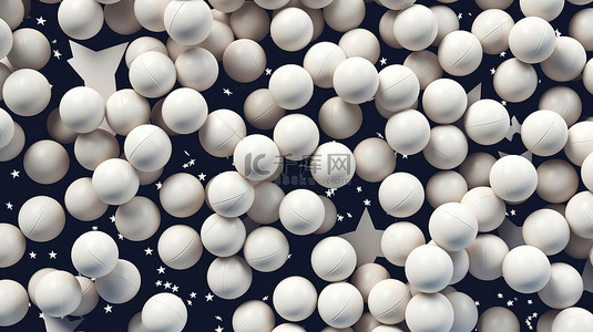 大量白色乒乓球与三颗星创意乒乓球海报概念 3D 渲染