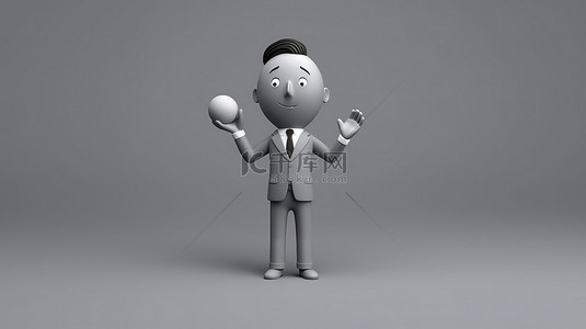 人物灰色背景图片_穿着灰色商务服装张开手掌握住物体的卡通手的 3D 渲染