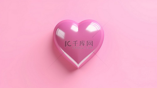 扁平的粉色心形，在粉色单色背景上的单色爱象征，从顶视图进行 3D 渲染