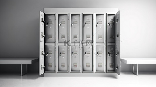 储物柜背景图片_白色背景上显示的 3D 渲染中的单门金属健身房储物柜