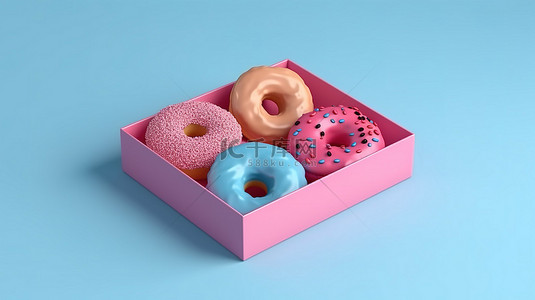 盒子里极简主义甜甜圈的等距粉色和蓝色空间 3D 渲染