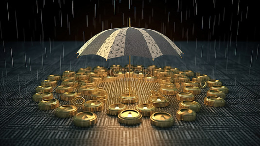 雨伞背景图片_丰富的财富 Chainlink 硬币的独立 3D 插图渲染在雨伞下加密货币