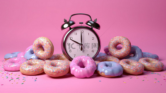 由布置在粉红色背景 3D 渲染上的甜甜圈制成的甜甜圈时钟的时间