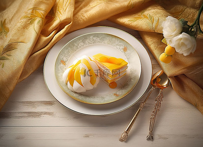图像显示盘子上的中国芒果蛋糕片