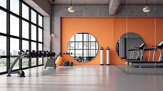 跑步的墙背景图片_现代健身空间，配有带 3D 图形的运动器材和配件