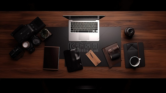 设计师桌面背景图片_3D 顶视图渲染中的桌面和咖啡