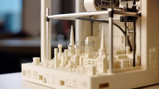 完美的性能 最先进的 3D 打印机特写，制作出精细复杂的摩天大楼模型