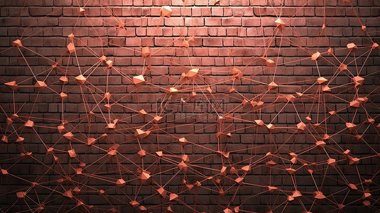 砖墙背景与由线条连接的抽象图形，3D 渲染中的概念网络连接插图