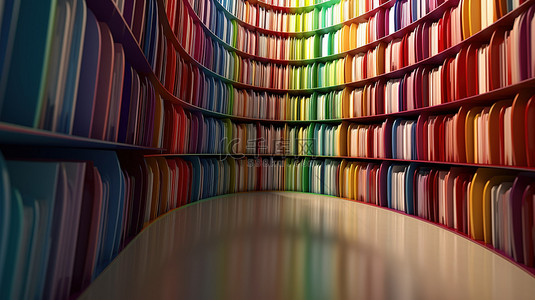 3d 渲染的圆形办公文件夹架，带有鲜艳的彩色文件夹和工作区环境