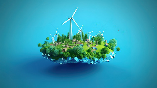 生命之树背景图片_可持续景观低聚岛，蓝色背景 3D 渲染上有风车树木和草地