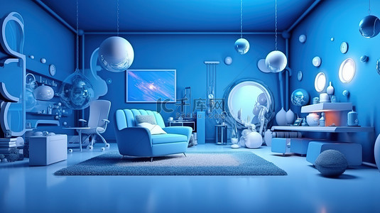 蓝色背景下的未来派虚拟空间室是对技术和创新的视觉颂歌3D 渲染