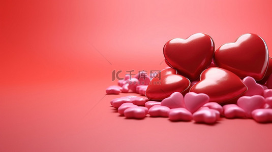 粉红色背景上绚丽生动的心形糖果，3D 渲染中捕捉到的令人惊叹的情人节创意
