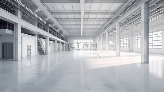室内工厂或仓库的空白和明亮的 3D 渲染