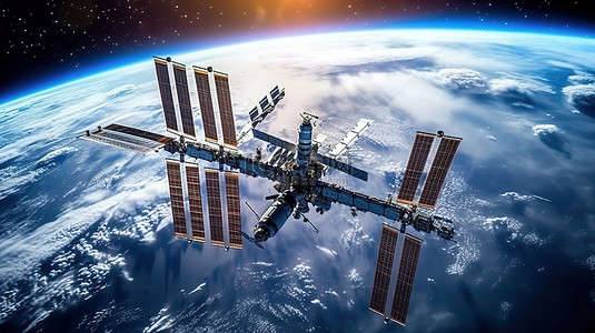 卫星地球背景图片_3D 渲染行星地球与国际空间站在轨道上美国航空航天局提供的元素