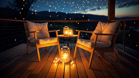 湖上游船卡通背景图片_夜晚的星星闪耀在甲板上的扶手椅和咖啡桌上，呈现令人惊叹的 3D 插图