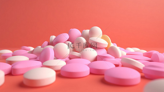 粉红色背景下的医疗保健必需品彩色胶囊和片剂选择性聚焦复制空间 3D 渲染
