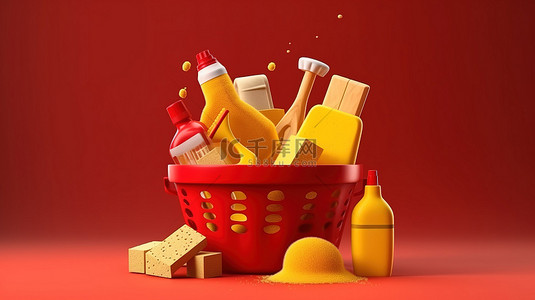 卫生用品背景图片_清洁必需品红桶黄色喷雾瓶橡胶手套和海绵的 3D 渲染