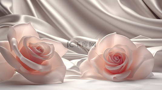 白布波浪背景上令人惊叹的 3D 玫瑰，有空间添加文本