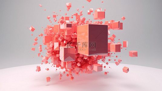抽象橙色立方体内浮动粉色圆圈的白色 3D 渲染