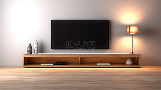 木桌上显示的当代 LED 液晶电视的时尚 3D 渲染