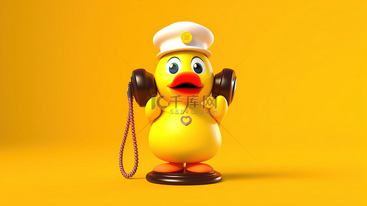 可爱的黄鸭吉祥物在阳光明媚的黄色背景上拿着酒店服务铃，采用 3D 渲染技术创建