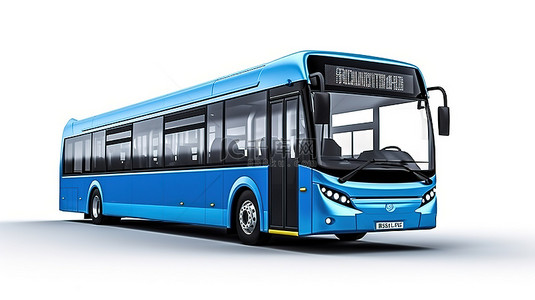 白色背景上的中型蓝色城市公交车的 3D 渲染