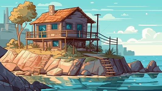 房子海边度假插画